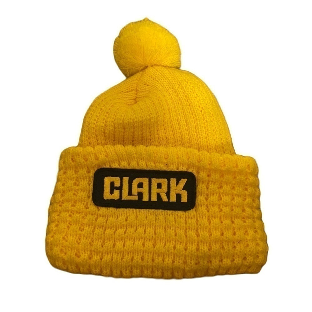 Vintage Clark Knit Beenie Hat Pom Black Yellow Gold Transmission Oil Caitlyn